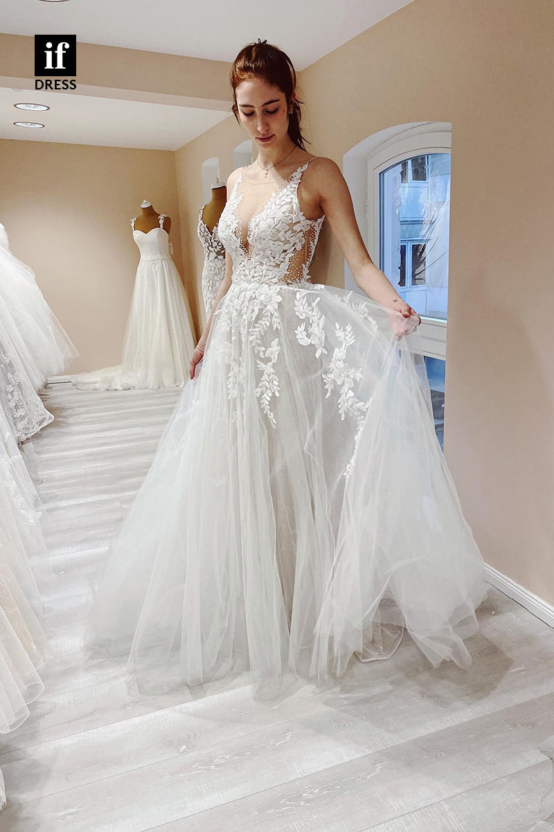 31679 - Illusion V-Neck Lace Appliques A Line Rustic Wedding Dress