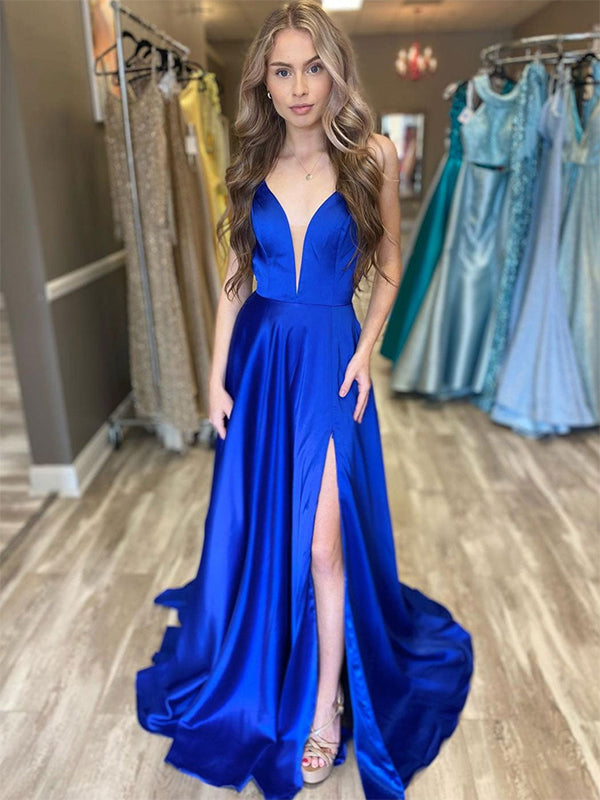 Blue A-Line Spaghetti Straps Satin Long Prom Dress with Slit - FashionDia