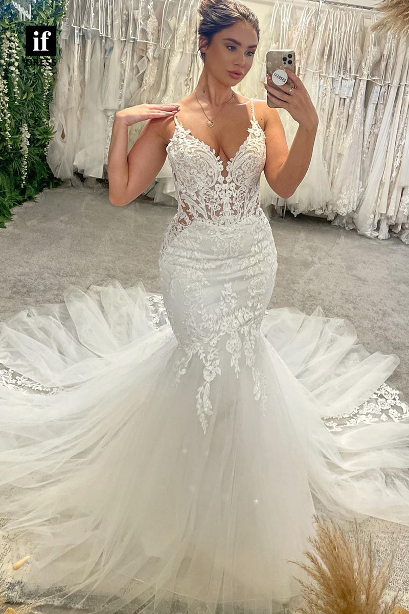 31564 - Classic Spaghetti Straps V-Neck Mermaid Appliques Wedding Dress