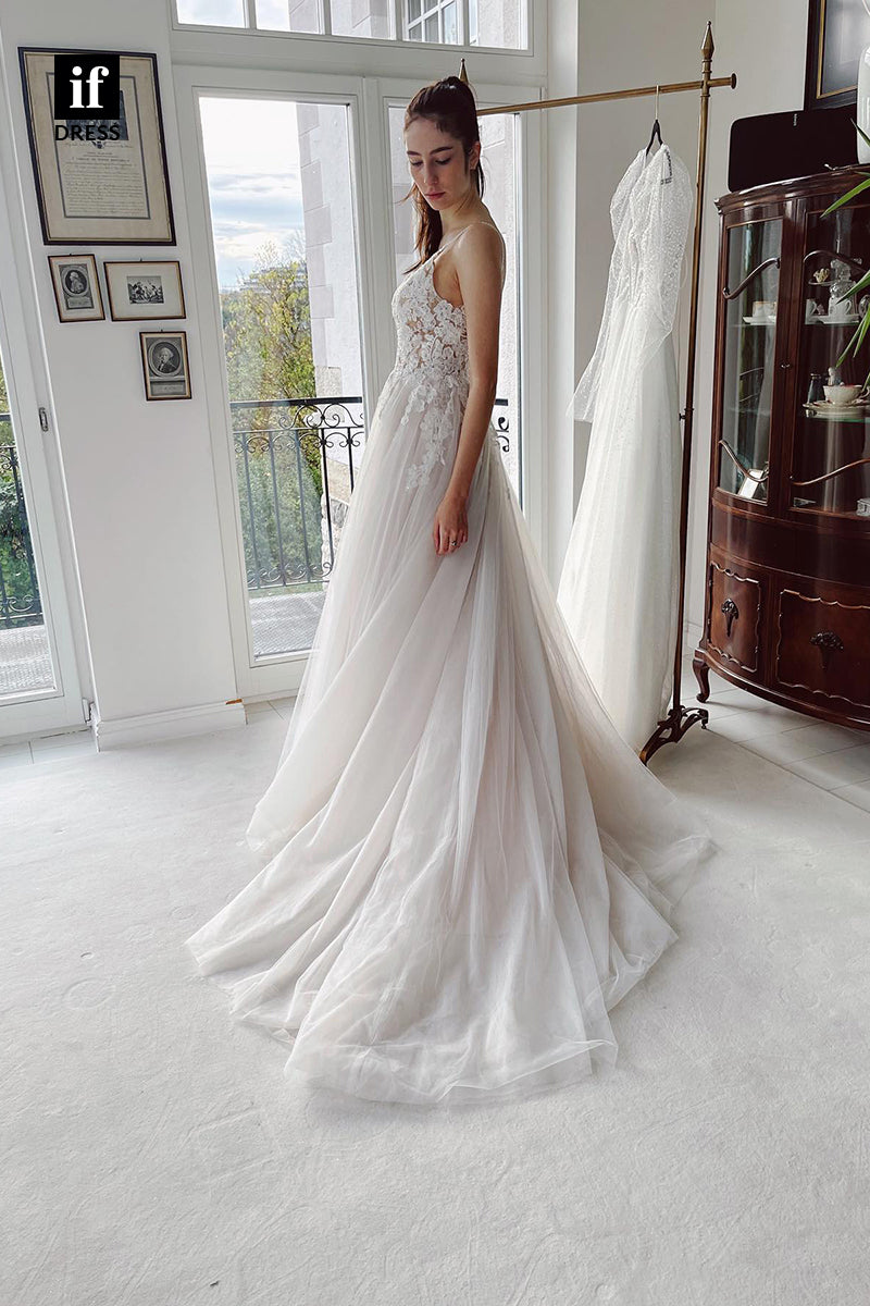31683 - A Line V-neck Lace Appliques Rustic Wedding Dress