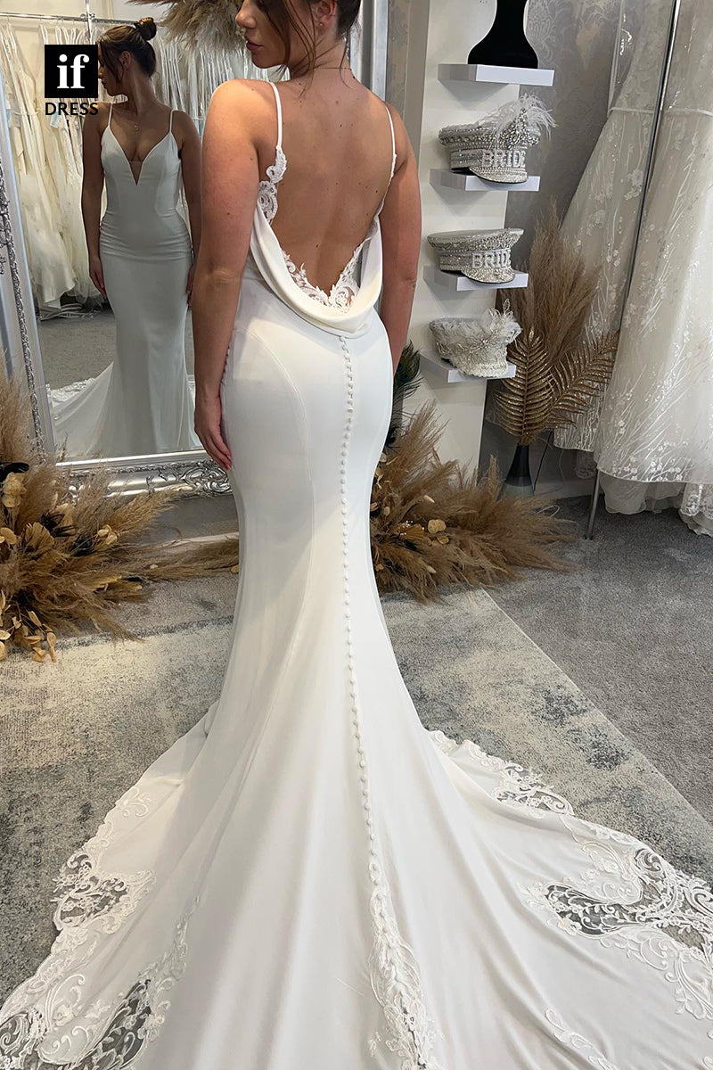 31500 - Illusion Spaghetti Straps V-Neck Satin Appliques Mermaid Wedding Dress