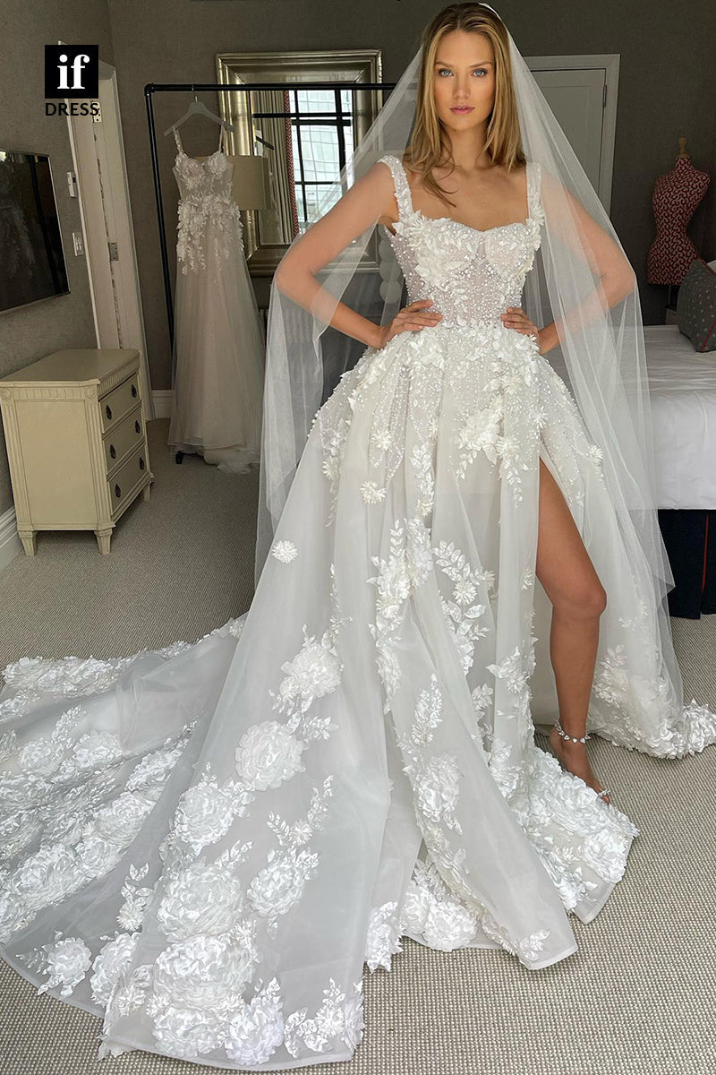31505 - Illusion Sweetheart Side Split Beaded Appliques Tulle Wedding Dress