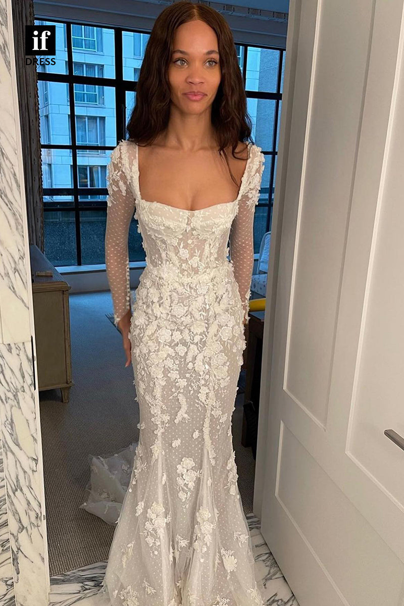 31510 - Illusion Mermaid Long Sleeves Tulle Appliques Boho Wedding Dress