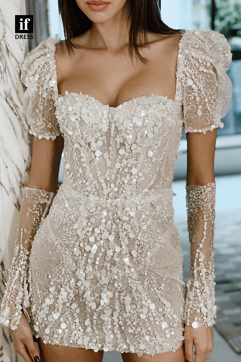 31511 - Sparkly Sweetheart Cap Sleeves Sequined Wedding Gown
