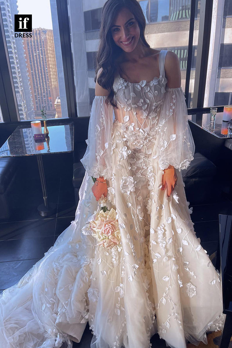 31513 - Romantic Long Sleeves Straps Backless Appliques Tulle Wedding Dress