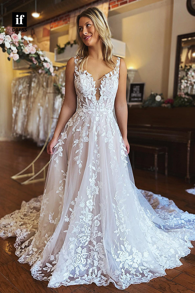 31515 - Attractive A-Line V-Neck Straps Appliques Tulle Wedding Dress