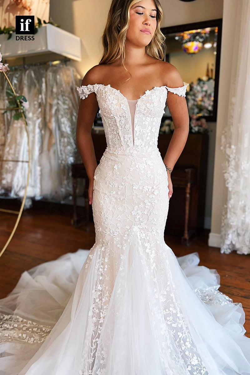 31517 - Trumpet V-Neck Straps Tulle Lace Appliques Wedding Dress