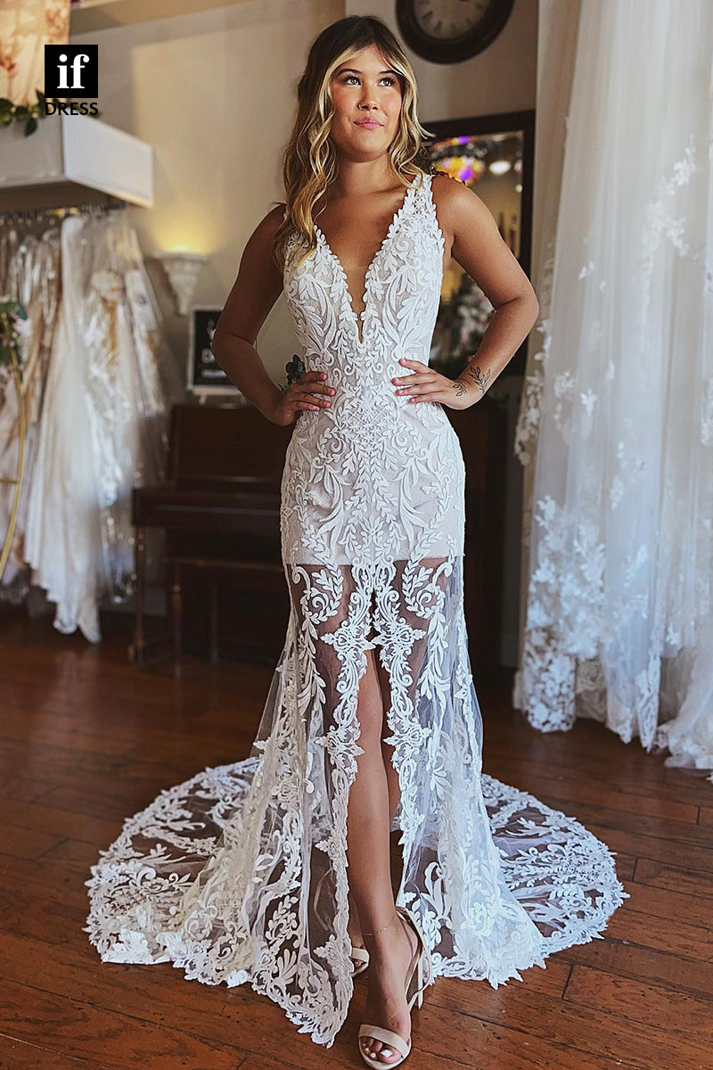 31519 - Elegant V-Neck Appliques Tulle Split Wedding Dress