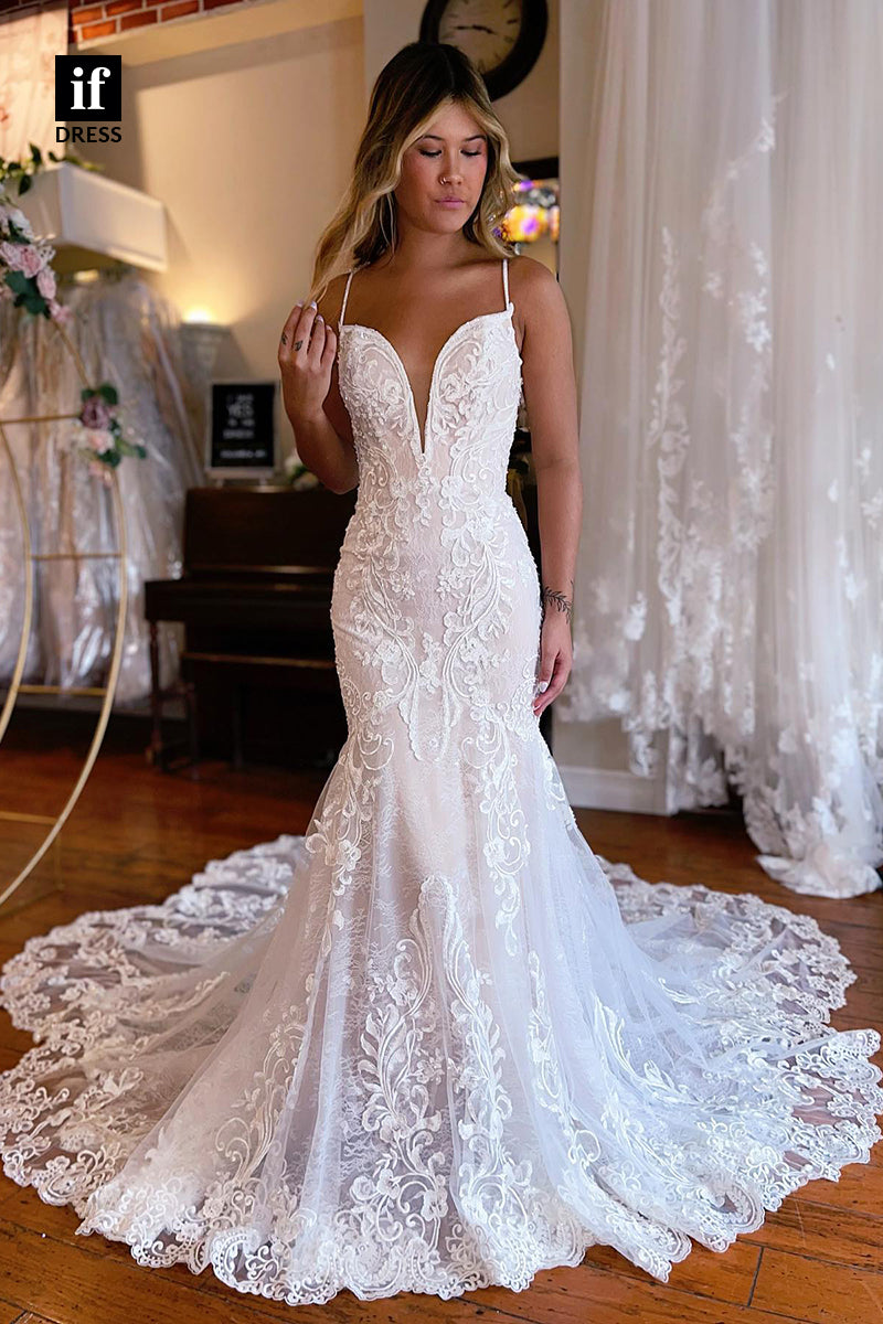 31520 - Illusion Spaghetti Straps V-Neck Tulle Appliques Trumpet Wedding Dress