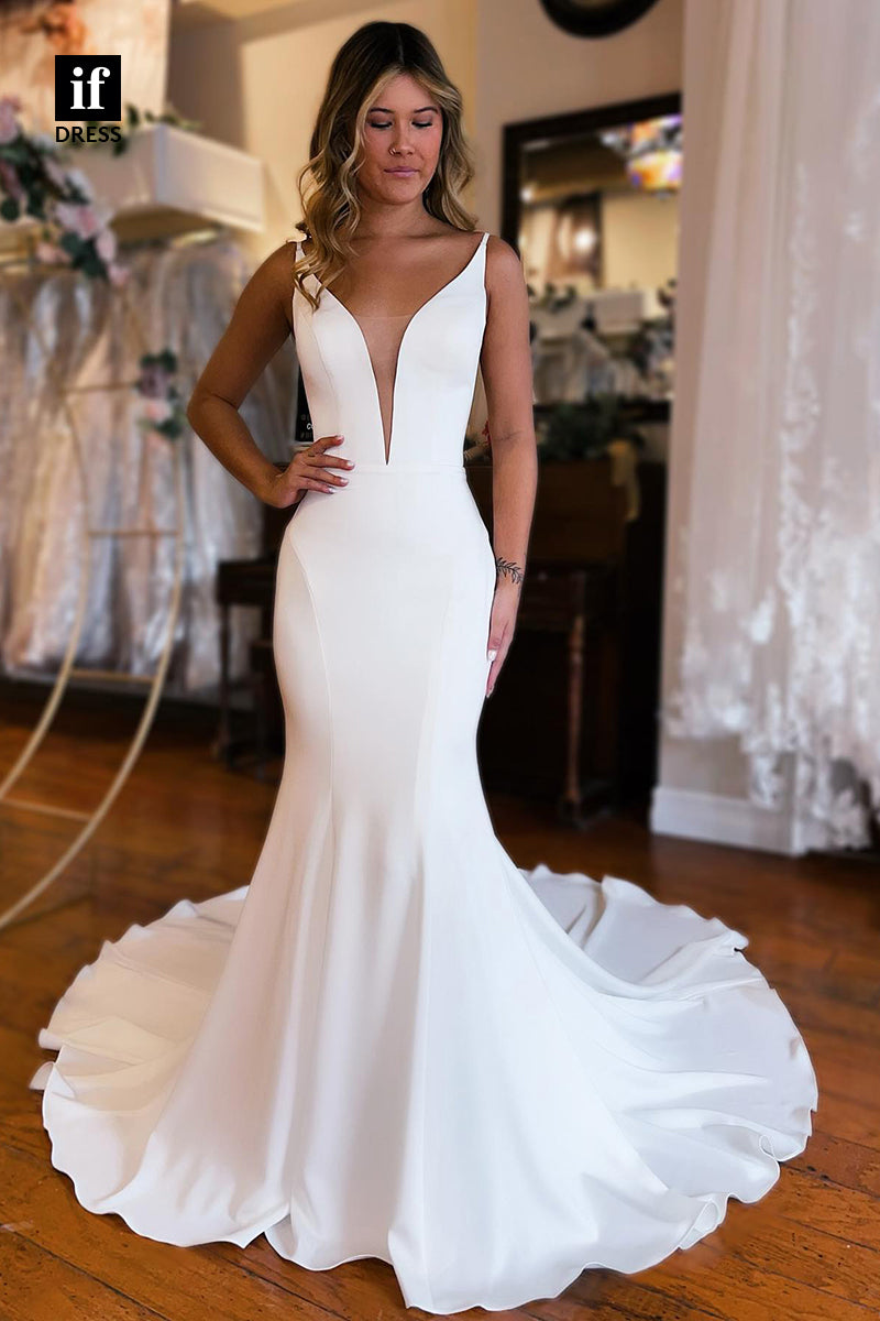 31521 - Sexy Spaghetti Straps V-Neck Elastic Satin Mermaid Wedding Dress