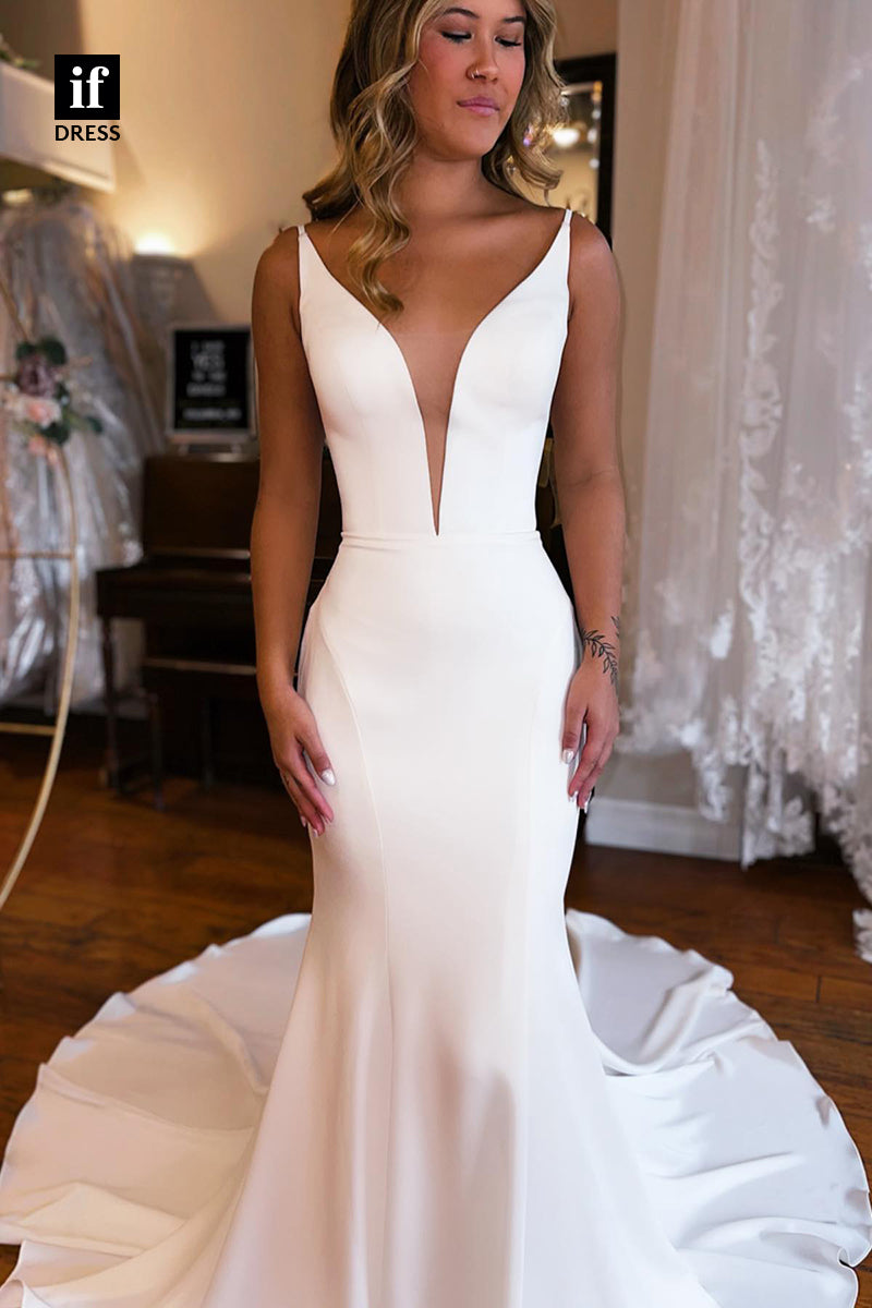 31521 - Sexy Spaghetti Straps V-Neck Elastic Satin Mermaid Wedding Dress