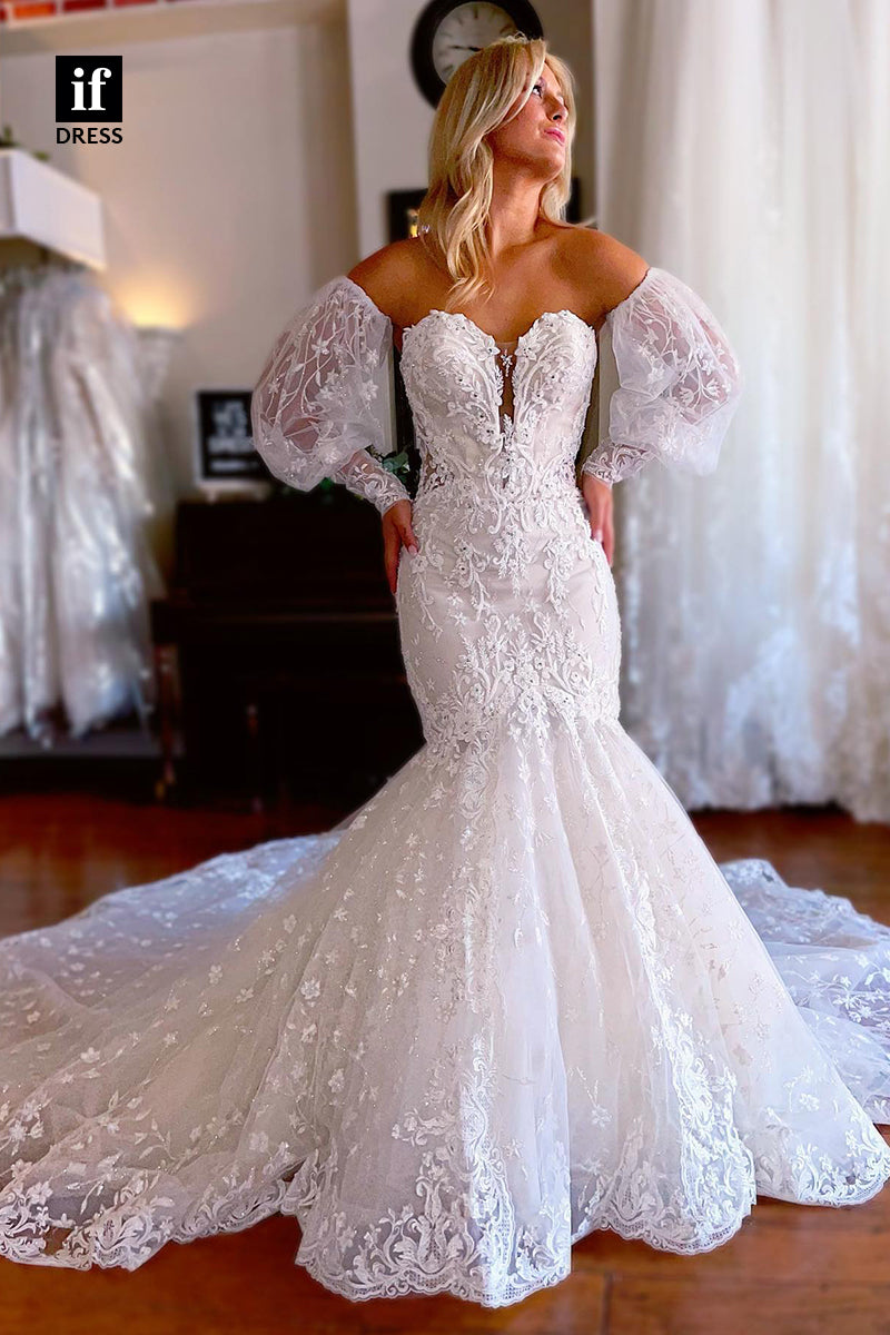 31522 - Attractive Off-Shoulder Sweetheart Long Sleeves Appliques Wedding Dress