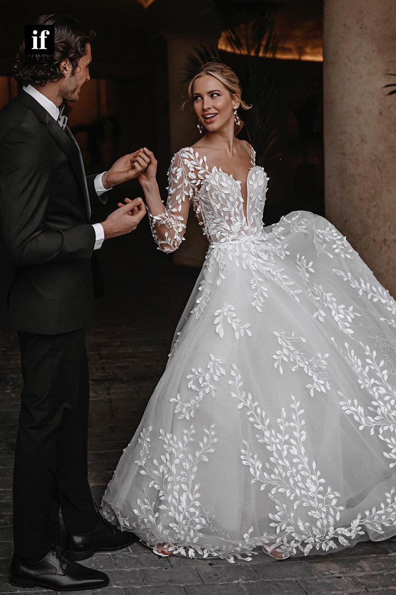 31523 - Elegant Backless V-Neck Long Sleeves Appliques Illusion Wedding Dress