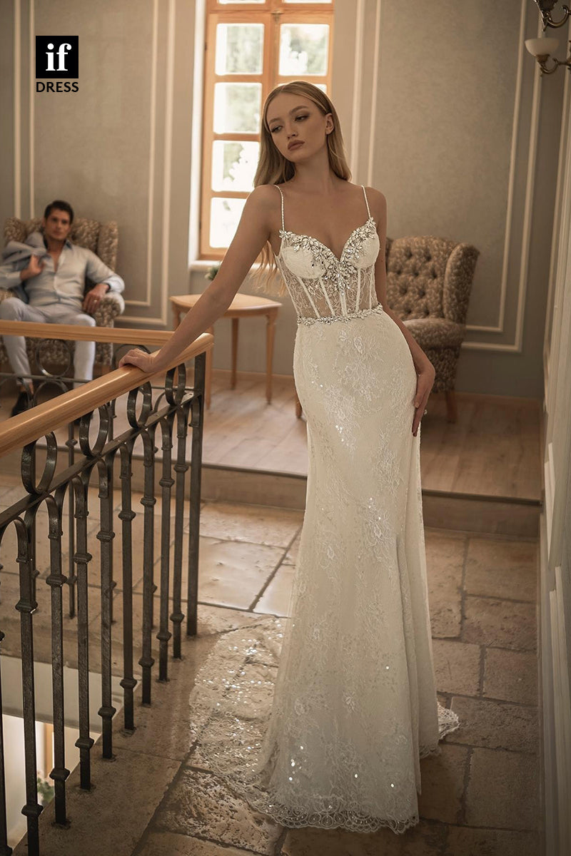 31526 - Sexy Spaghetti Straps V-Neck Beaded Sparkly Wedding Dress