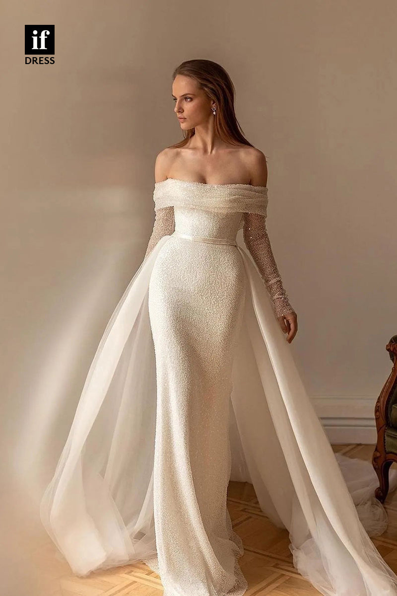 31529 - Romantic Off-Shoulder Long Sleeves Sequins Sparkly Wedding Dress