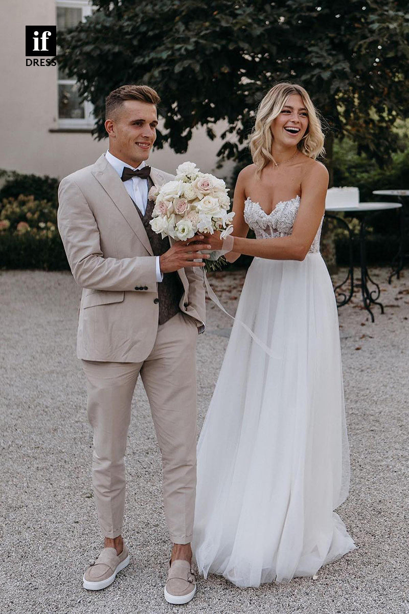 31535 - Romantic A-Line Sweetheart Off-Shoulder Beaded Tulle Wedding Dress
