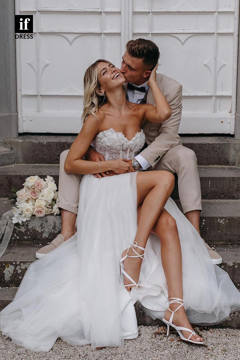 31535 - Romantic A-Line Sweetheart Off-Shoulder Beaded Tulle Wedding Dress