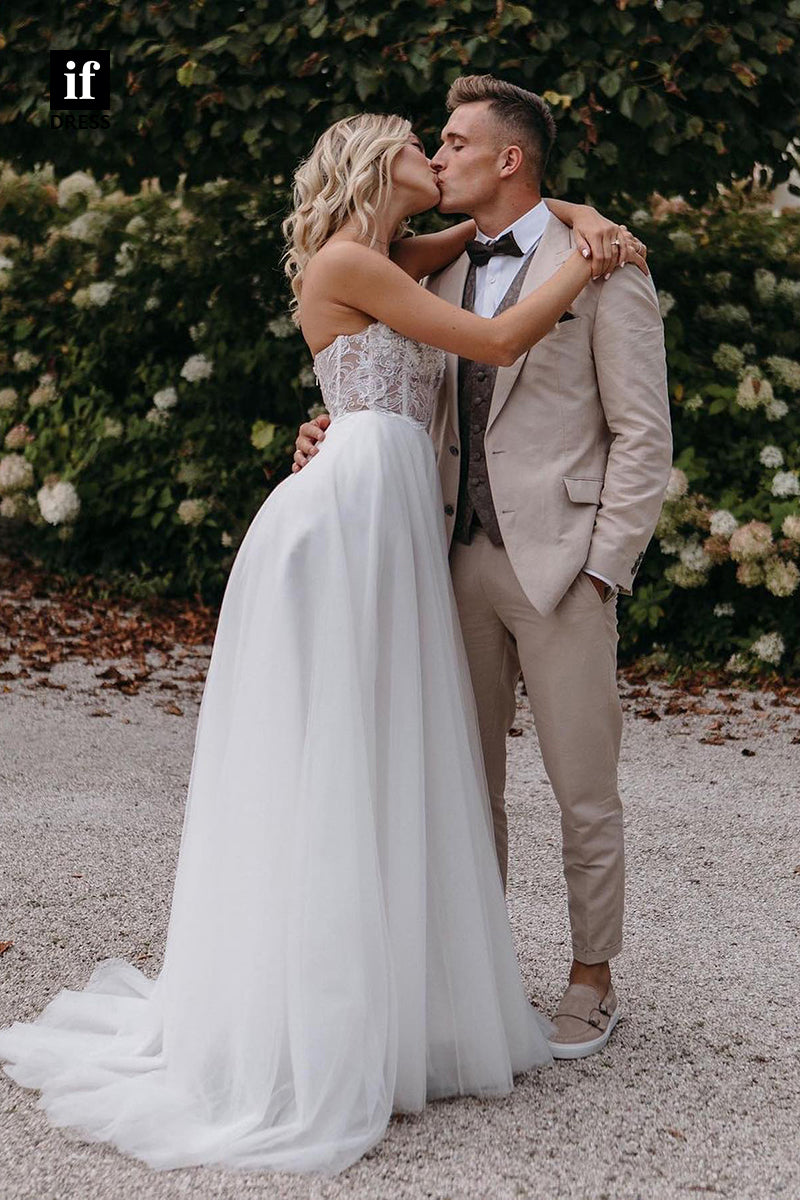 31535 - Romantic A-Line Sweetheart Off-Shoulder Beaded Tulle Wedding Dress