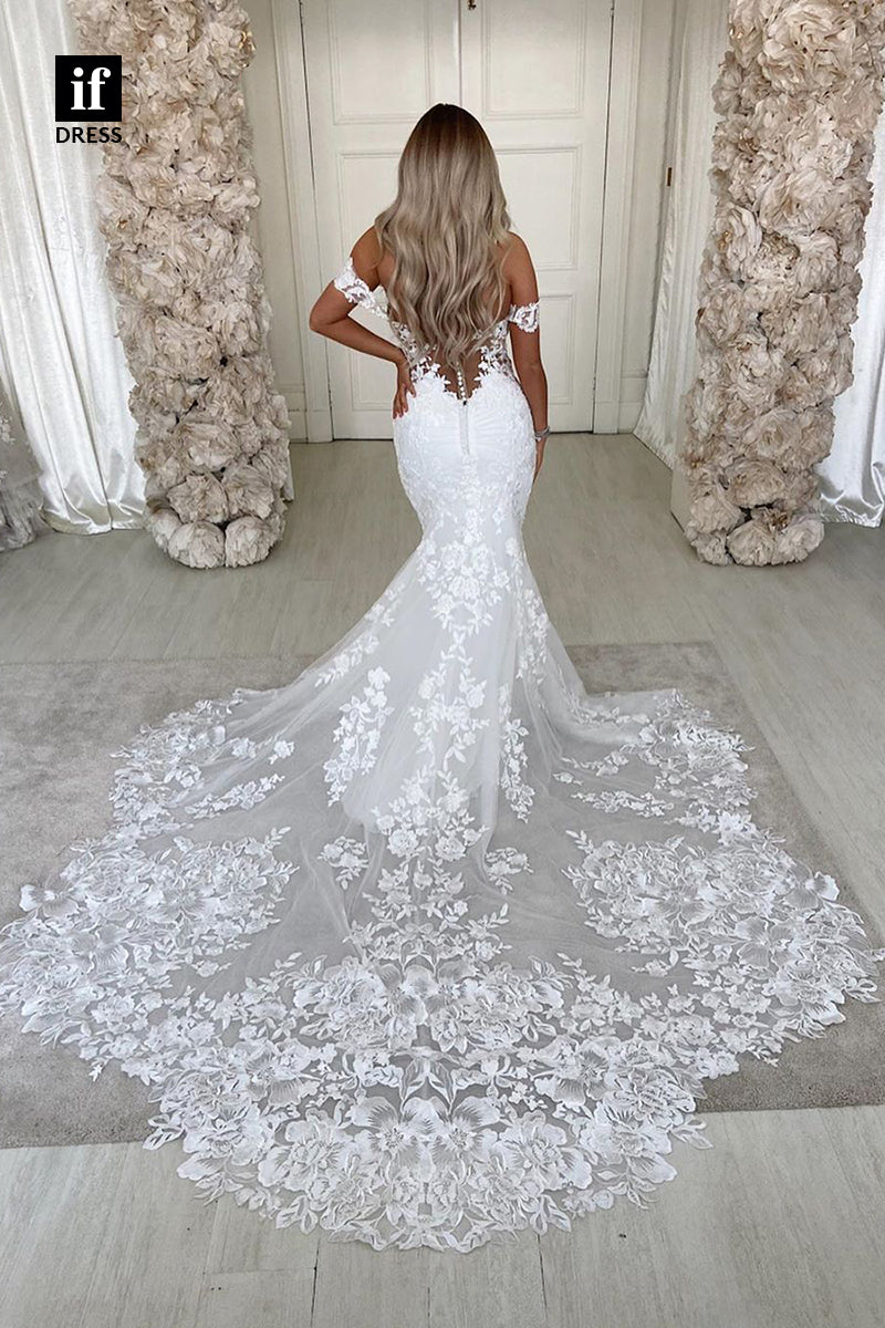 31536 - Luxurious Cap Sleeves Off-Shoulder Appliques Tulle Wedding Dress