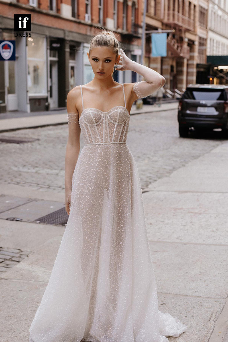 31537 - Sparkly Spaghetti Straps Sweetheart Long Sleeves Illusion Wedding Dress
