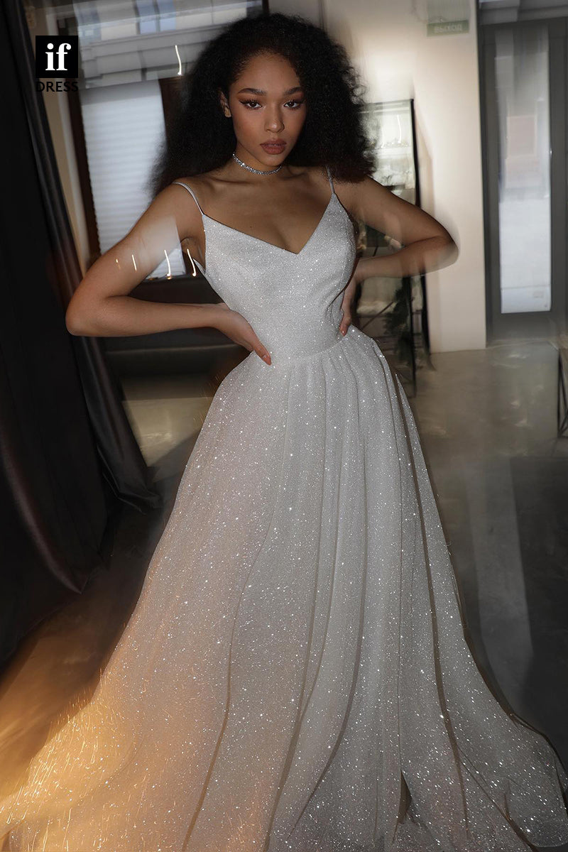 31540 - Dramatic A-Line Spaghetti Straps V-Neck Sparkly Wedding Dress