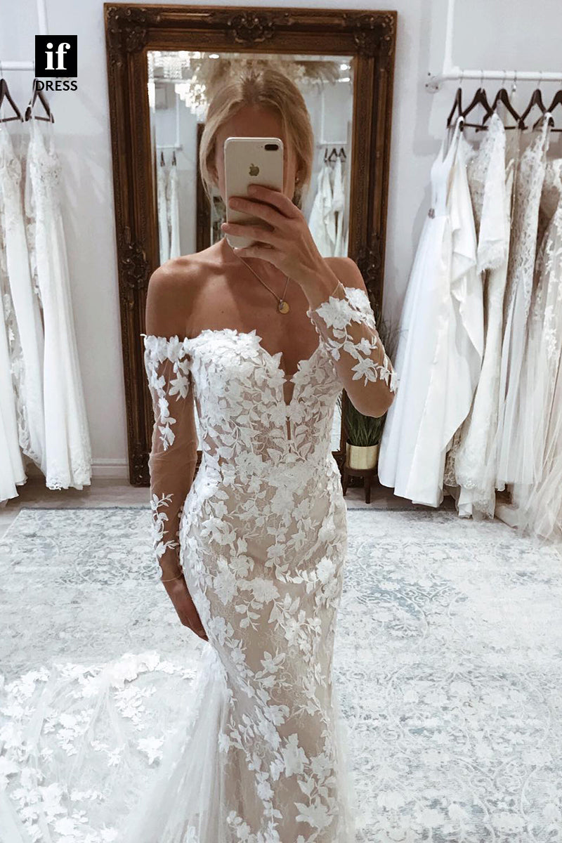 31543 - Romantic Off-Shoulder Long Sleeves Lace Appliques Wedding Dress