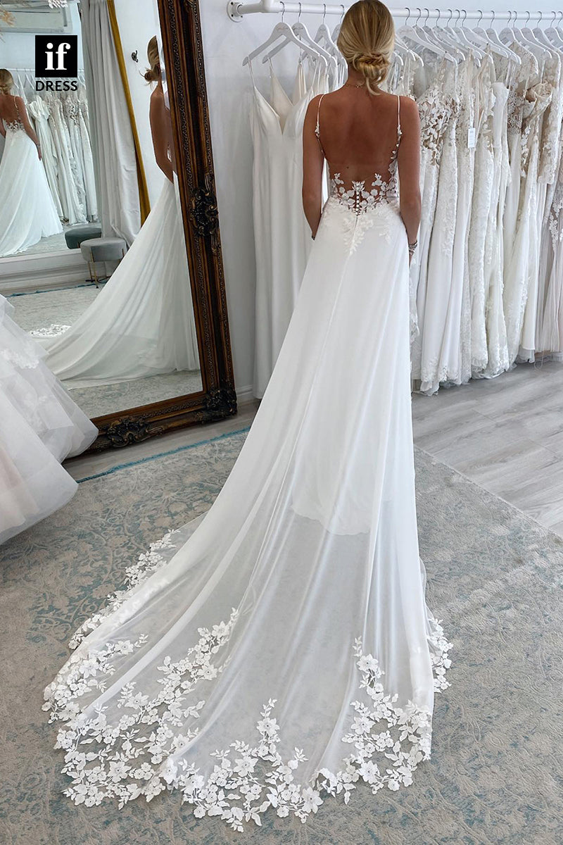 31544 - Attractive A-Line Spaghetti Straps V-Neck Lace Tulle Wedding Dress