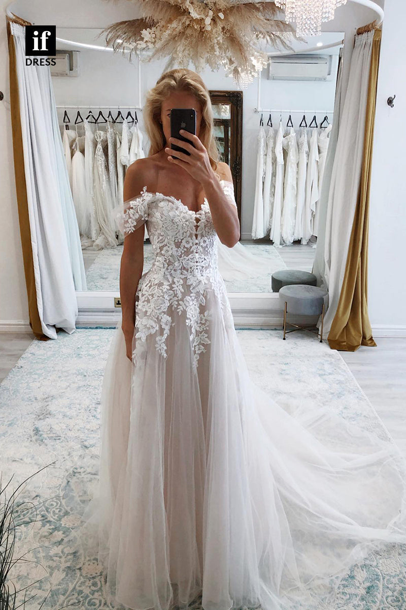 31545 - Classic A-Line Off-Shoulder Cap Sleeves Lace Appliques Wedding Dress