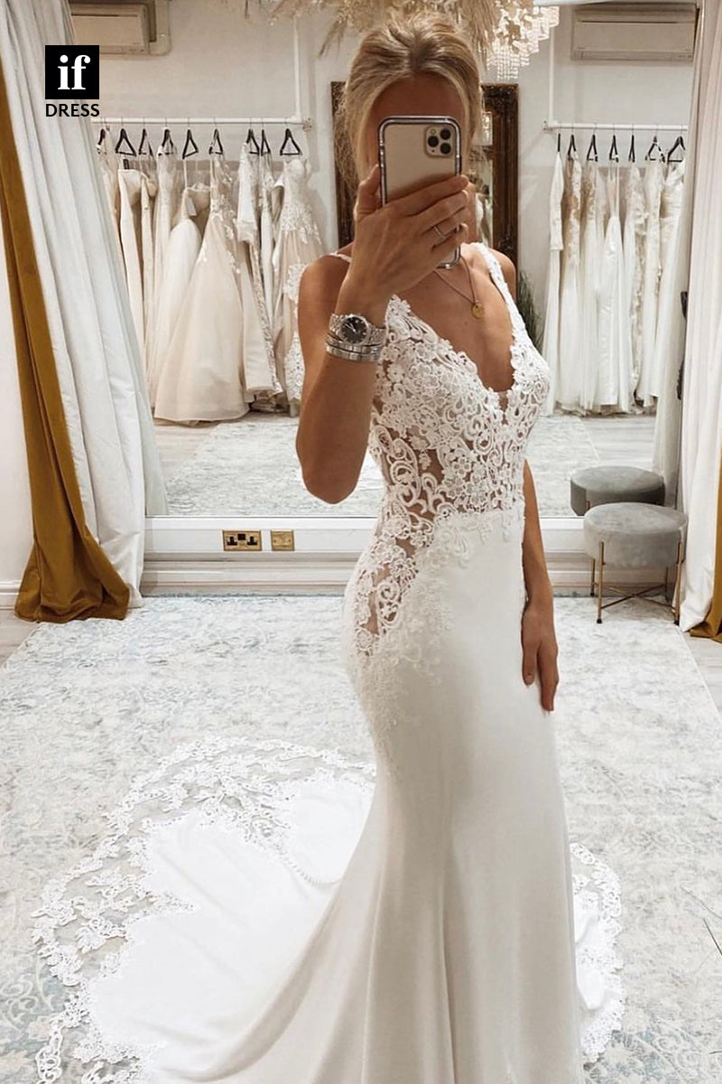 31546 - Charming Double Straps V-Neck Lace Appliques Trumpet Wedding Gown