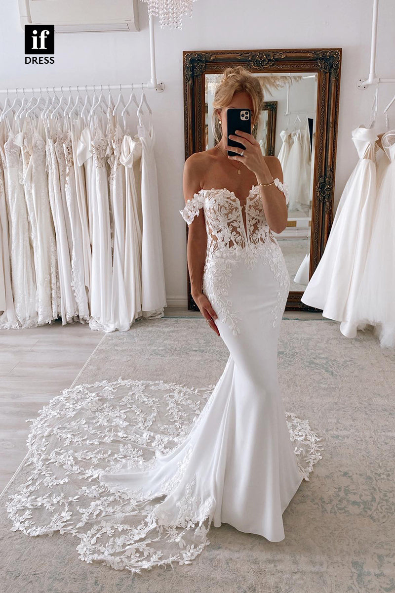 31549 - Glamorous Off-Shoulder Cap Sleeves Trumpet Wedding Dress