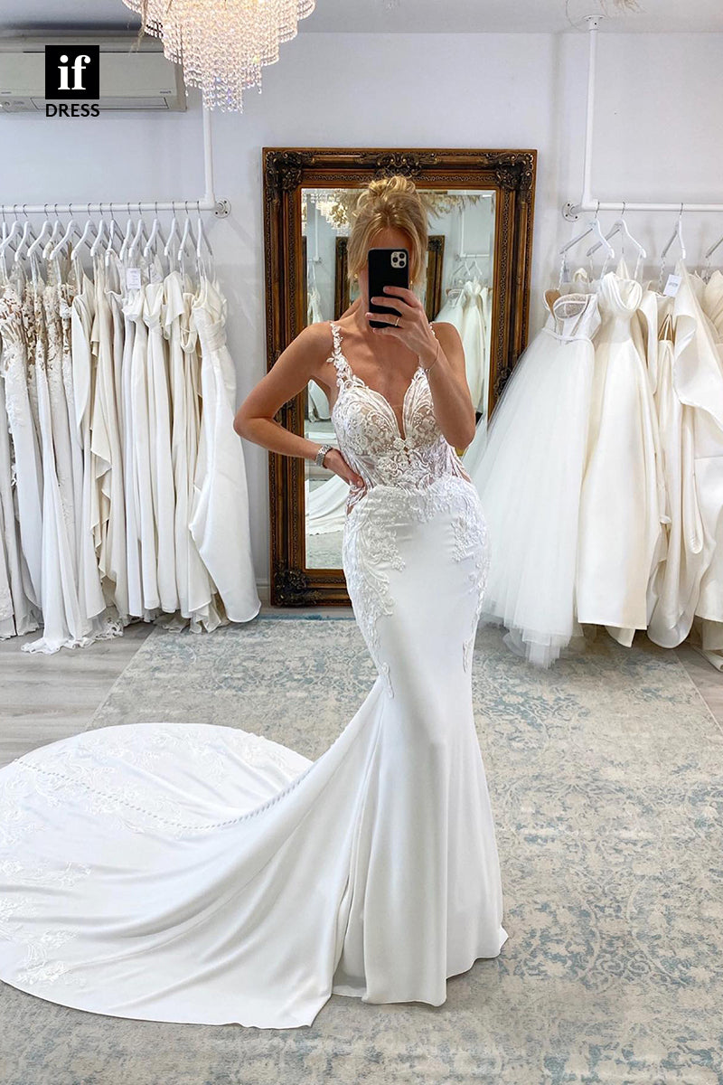 31555 - Sexy Spaghetti Straps V-Neck Lace Appliques Trumpet Wedding Dress