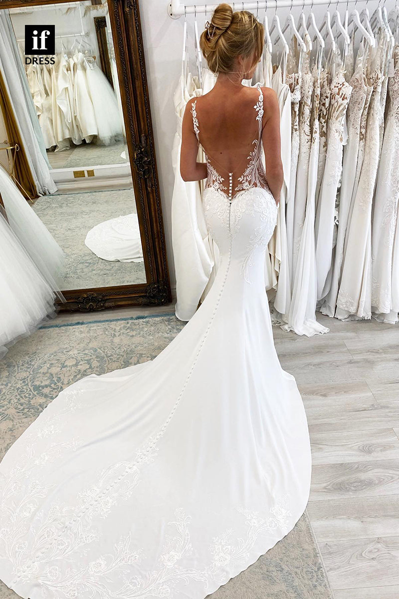31555 - Sexy Spaghetti Straps V-Neck Lace Appliques Trumpet Wedding Dress
