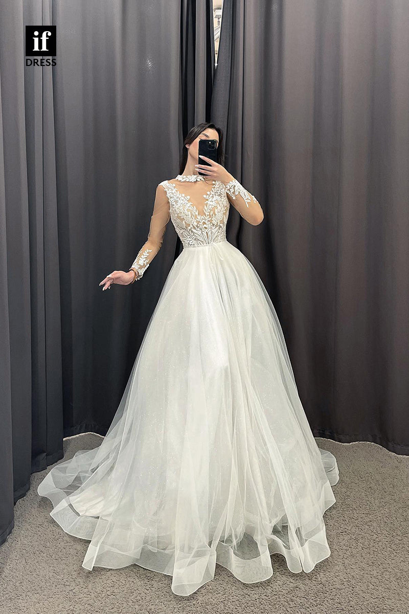 31558 - Amazing A-Line Long Sleeves V-Neck Lace Appliques Wedding Dress