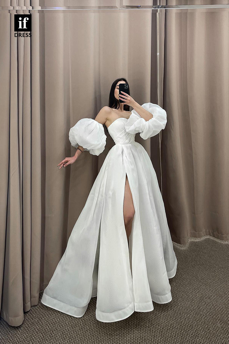 31559 - Distinctive Off-Shoulder Sweetheart High Split Satin Wedding Dress