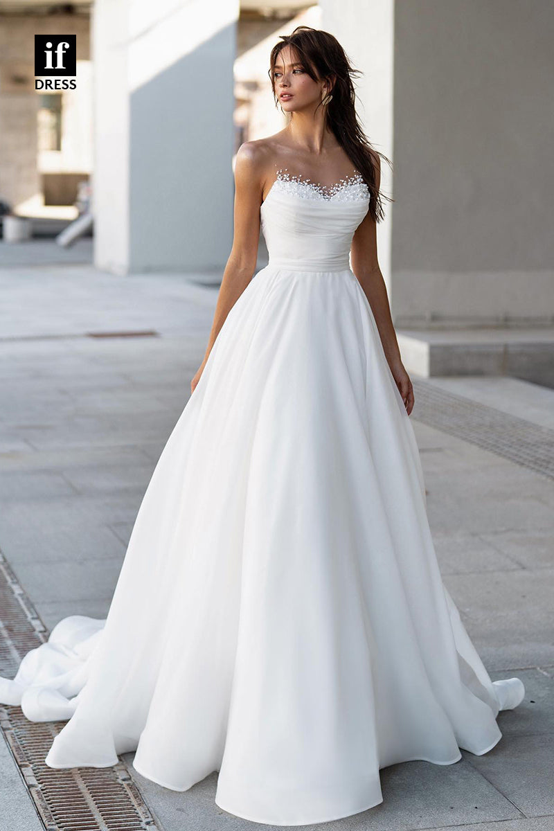 31560 - Glamorous A-Line Off-Shoulder Sweetheart Pearls Tulle Wedding Dress