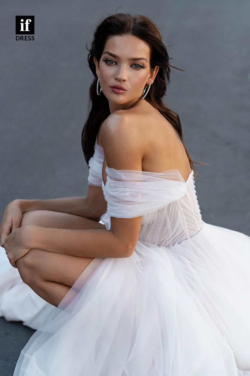 31561 - Trendy Off-Shoulder Sweetheart Cap Sleeves Tulle Wedding Gown