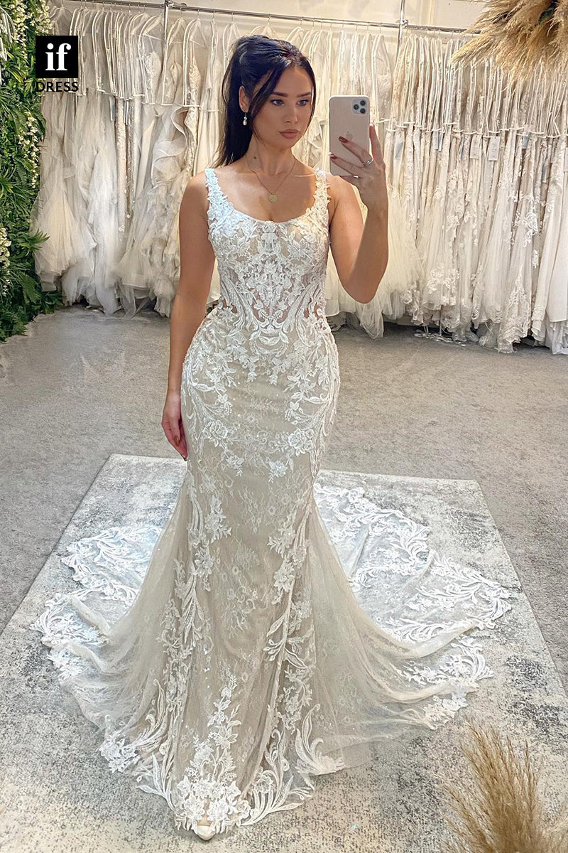 31567 - Generous Double Straps Scoop Appliques Trumpet Wedding Gown