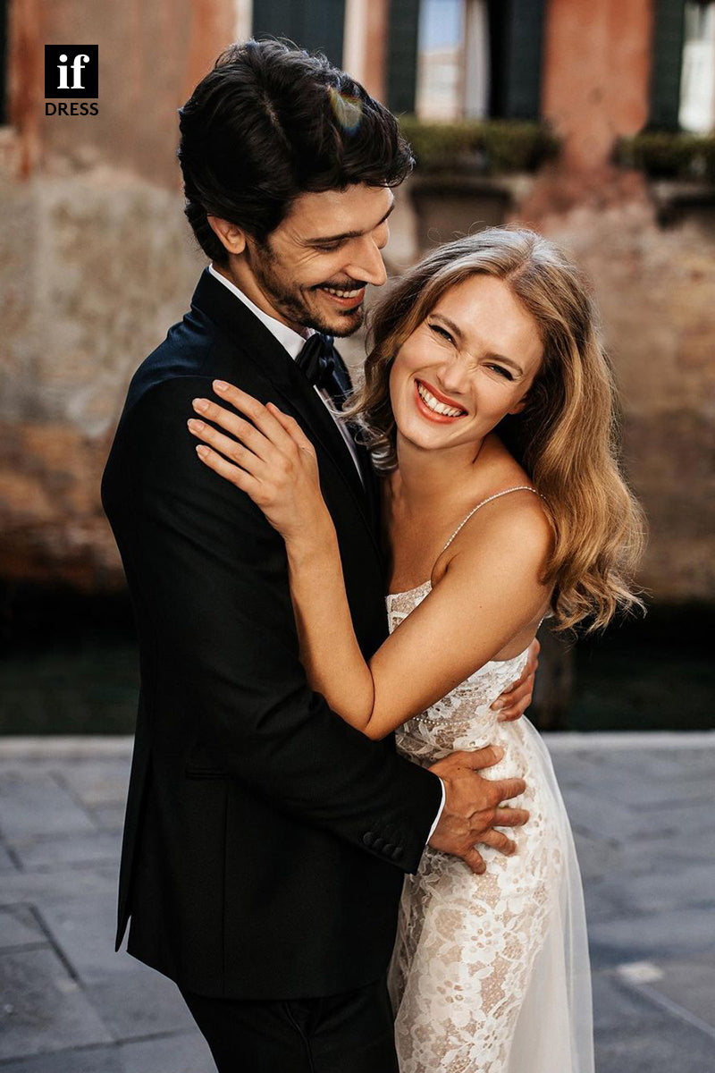 31617 - Sexy Spaghetti Straps V-Neck High Split Lace Boho Wedding Dress