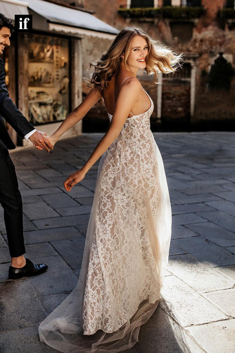 31617 - Sexy Spaghetti Straps V-Neck High Split Lace Boho Wedding Dress
