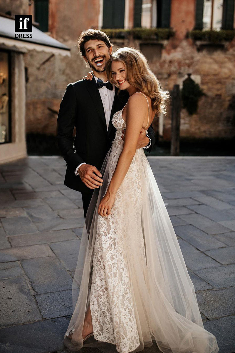 31617 - Sexy Spaghetti Straps V-Neck High Split Lace Boho Wedding Dress