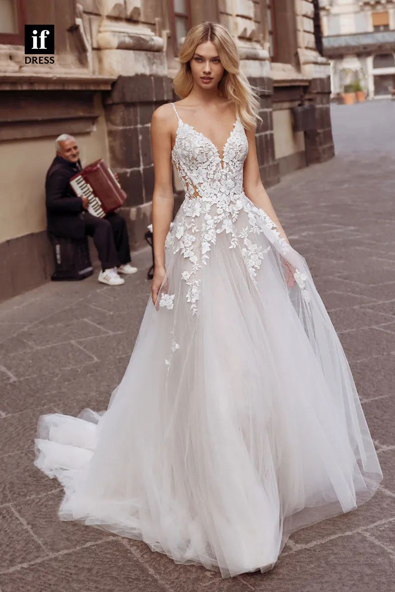 31623 - A-Line Spaghetti Sleeveless Lace Appliques Boho Wedding Dress
