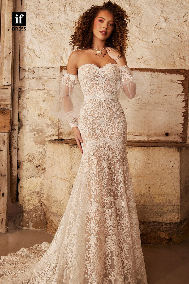 31625 - Charming Off-Shoulder Sweetheart Long Sleeves Boho Wedding Dress