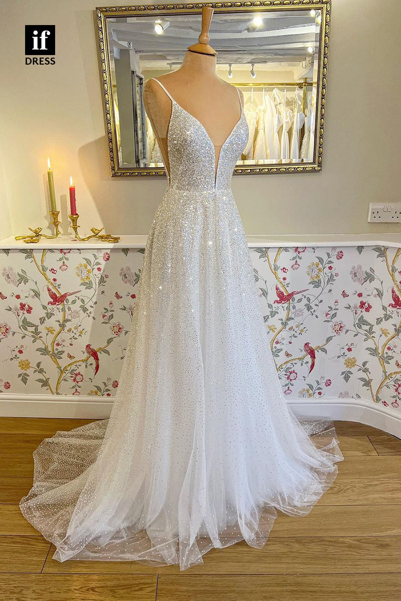 31627 - Sparkly Spaghetti Straps Plunging V-Neck Sequined Wedding Dress