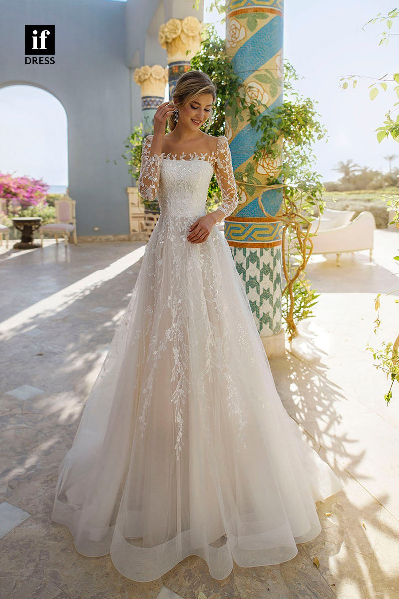 31632 - Elegant A-Line Long Sleeves Square Lace Appliques Boho Wedding Dress