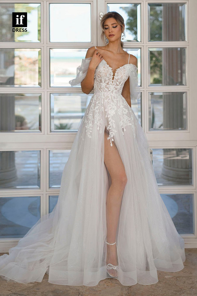 31633 - Sexy Spaghetti Straps V-Neck Side Split Boho Wedding Dress