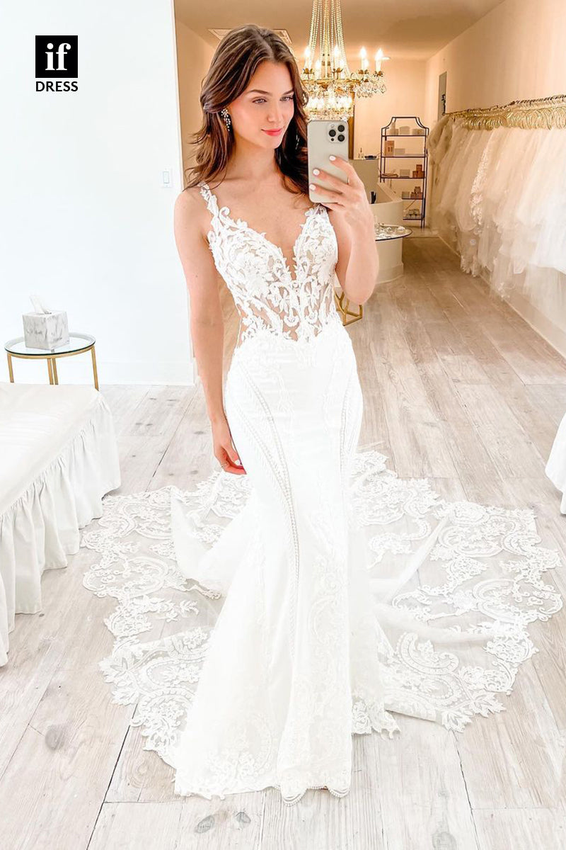 31635 - Classic Double Straps V-Neck Lace Appliques Boho Wedding Dress