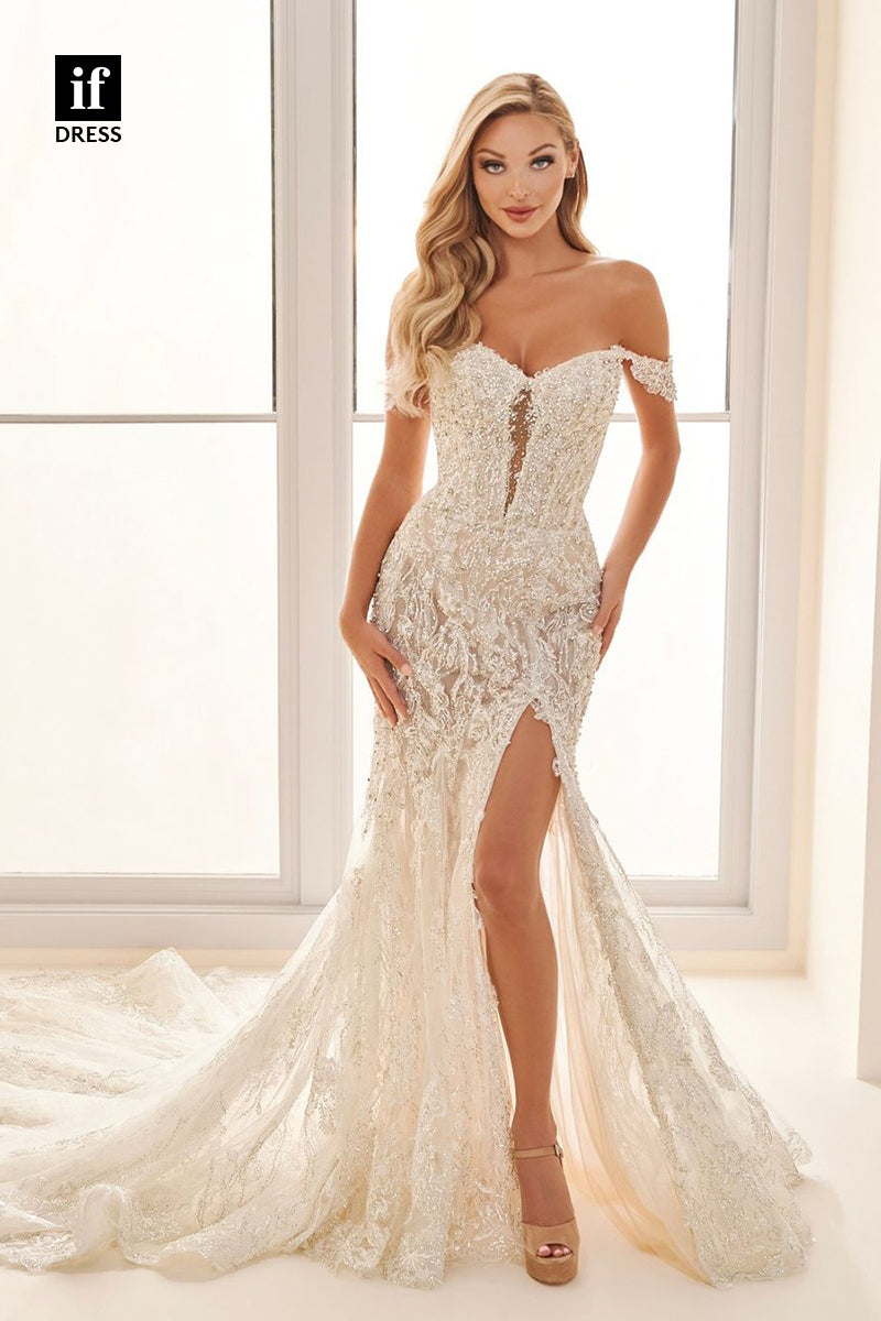 31638 - Sexy Cap Sleeves High Split Beads Sweetheart Boho Wedding Dress