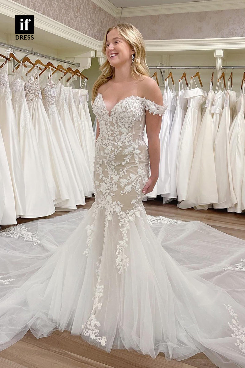 31642 - Luxurious Off-Shoulder V-Neck Lace Appliques Mermaid Wedding Dress