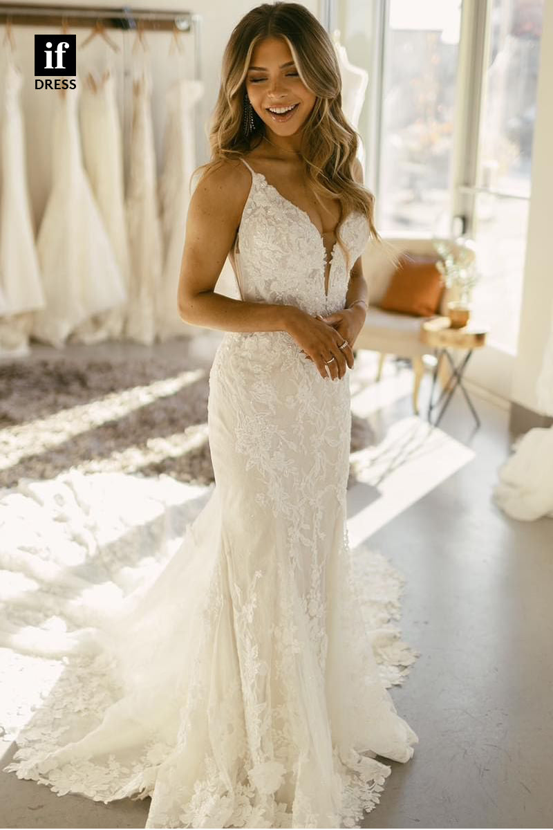 31643 - Glamorous Spaghetti Straps V-Neck Lace Mermaid Wedding Dress