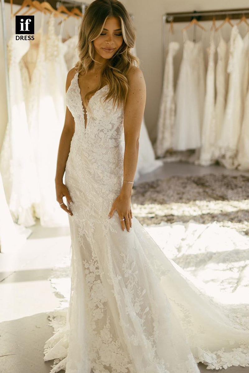 31643 - Glamorous Spaghetti Straps V-Neck Lace Mermaid Wedding Dress